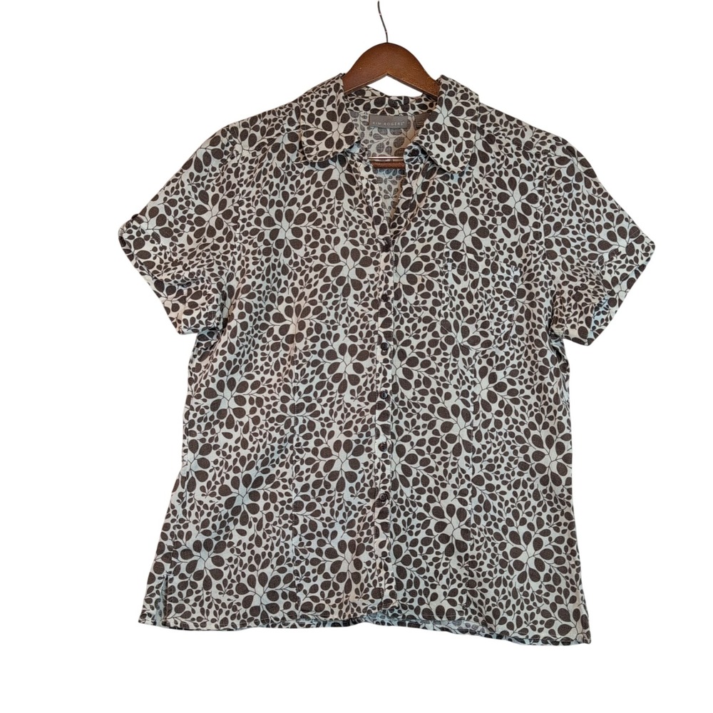 Kim Rogers Y2K Womens Large 100% Linen Brown Leaf Print Short Sleeve Button Up